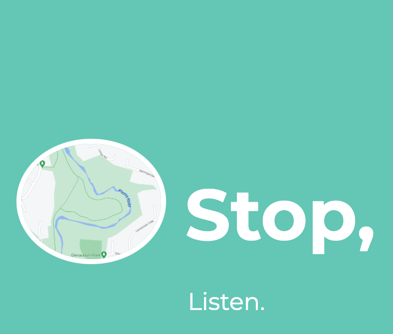 A square image with a green background. In the foreground is a circular map featuring the plenty river, and the words "Stop, Listen".
